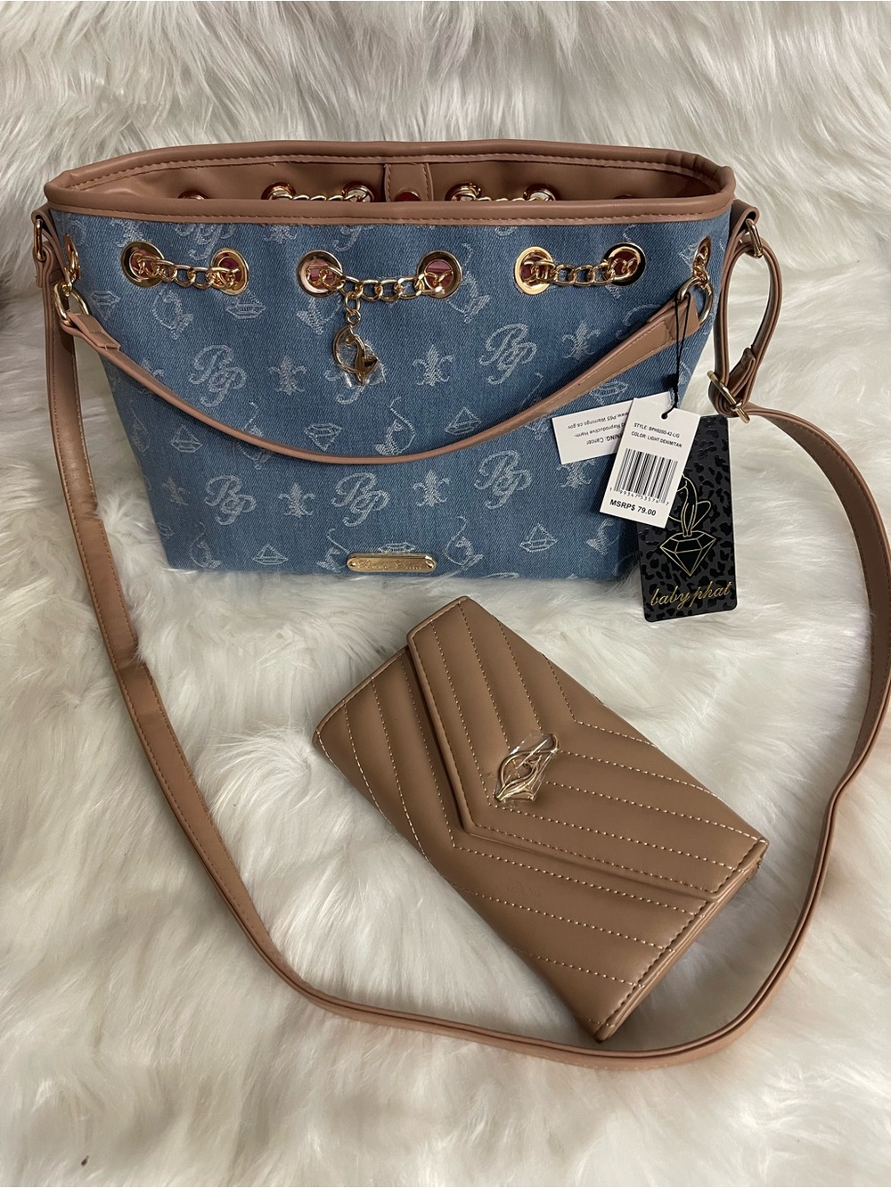 Baby Phat Denim Shoulder Bag with Tan Trim & Matching Wallet